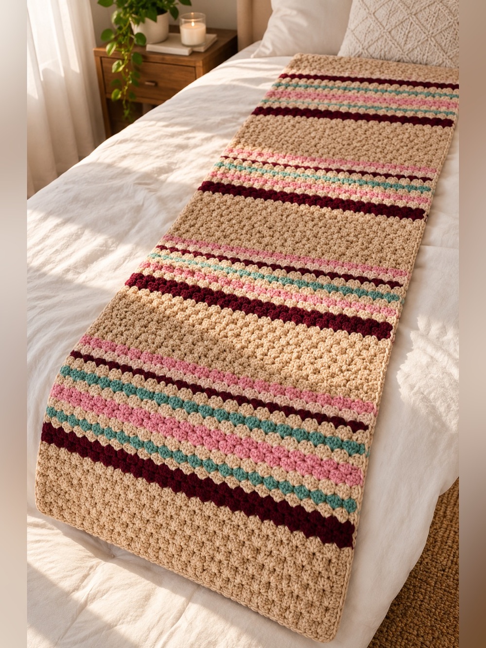 Handmade Crochet Blanket with Multicolor Stripes. Cozy for Living Room Decor